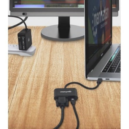 Manhattan USB-C to VGA and USB-C (inc Power Delivery), 1080p@60Hz, 19.5cm, Black, Power Delivery to USB-C Port (60W), Equivalent to Startech CDP2VGAUCP, Male to Female, Lifetime Warranty, Retail Box 153430