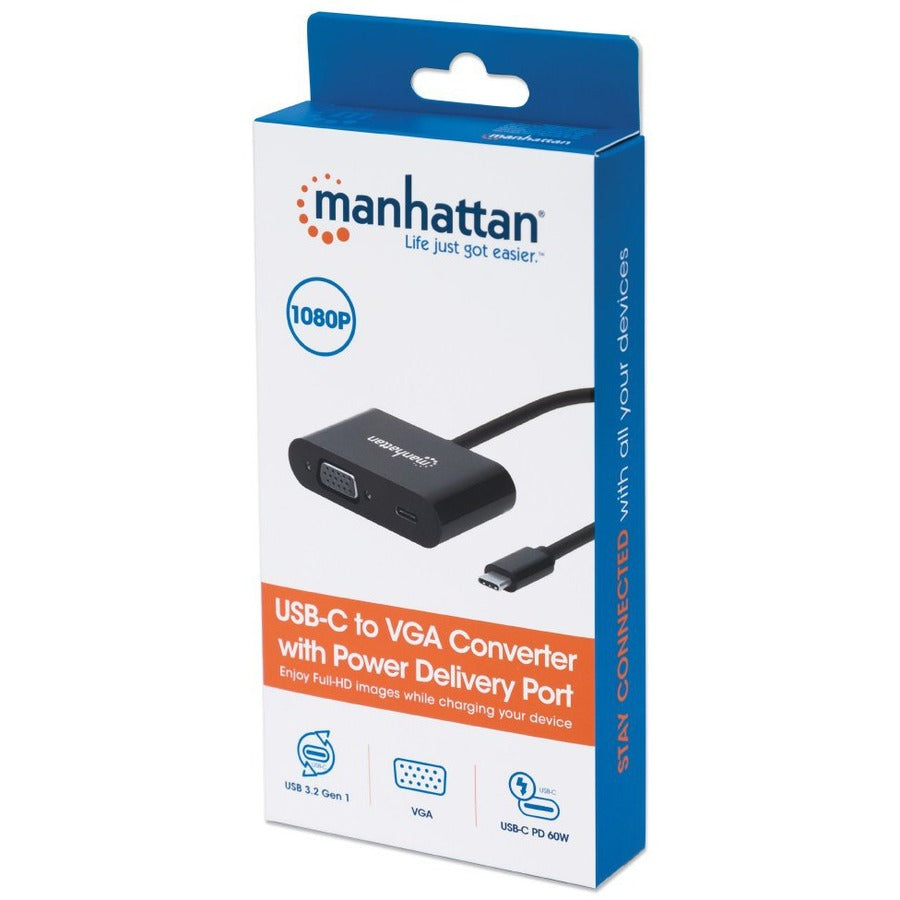 Manhattan USB-C to VGA and USB-C (inc Power Delivery), 1080p@60Hz, 19.5cm, Black, Power Delivery to USB-C Port (60W), Equivalent to Startech CDP2VGAUCP, Male to Female, Lifetime Warranty, Retail Box 153430