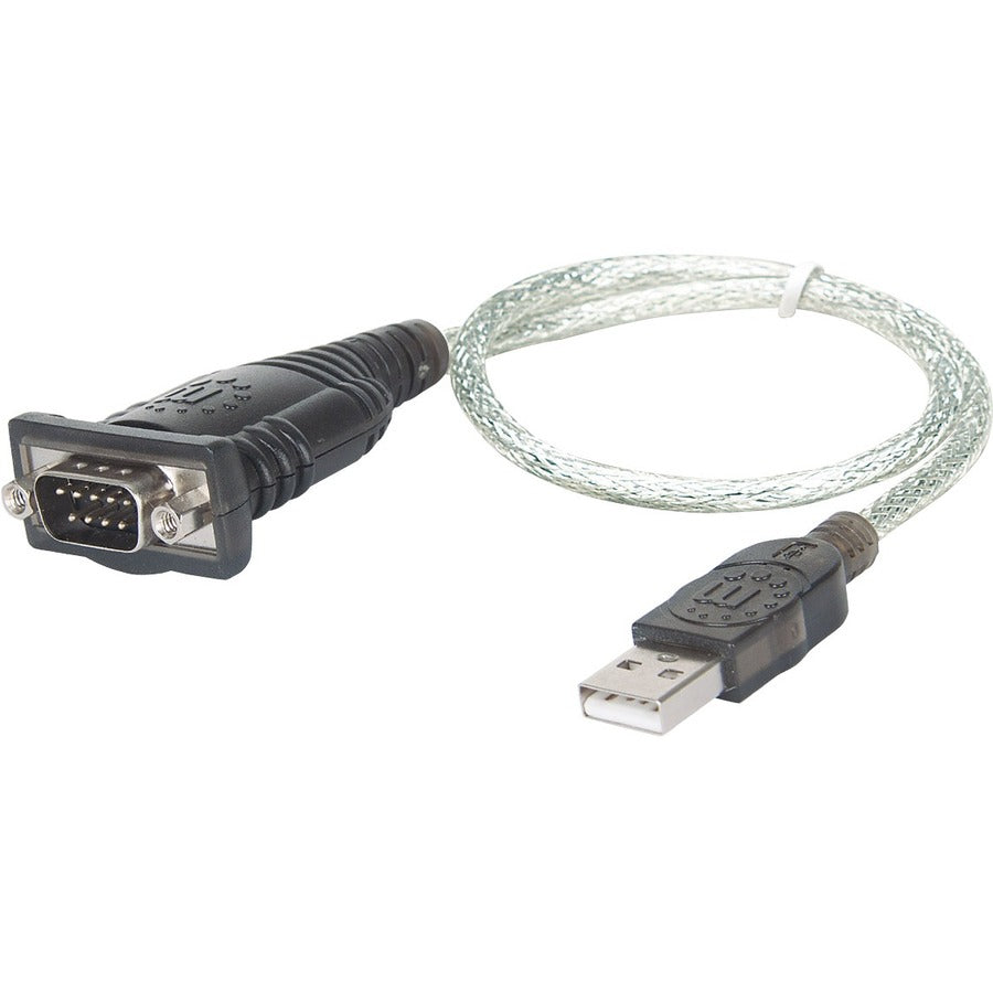 Câble convertisseur Manhattan USB-A vers série, 45 cm, mâle vers mâle, série/RS232/COM/DB9, puce Prolific PL-2303RA, équivalent à Startech ICUSB232V2, câble noir/argent, garantie de trois ans, blister 205146