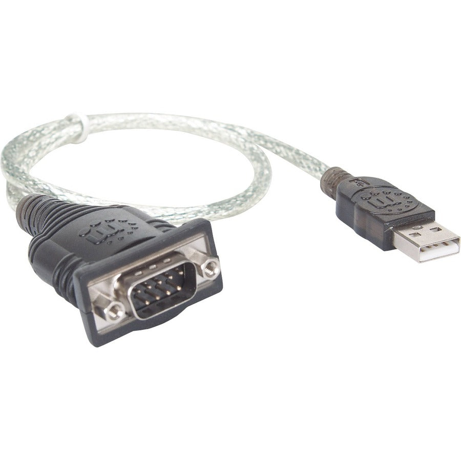 Câble convertisseur Manhattan USB-A vers série, 45 cm, mâle vers mâle, série/RS232/COM/DB9, puce Prolific PL-2303RA, équivalent à Startech ICUSB232V2, câble noir/argent, garantie de trois ans, blister 205146