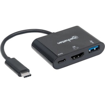 Station d'accueil/Hub Manhattan USB-C, ports (x3) : HDMI, USB-A et USB-C, avec alimentation au port USB-C (60 W), 5 Gbit/s (USB 3.2 Gen1 aka USB 3.0), équivalent à Startech CDP2HDUACP , Câble 8 cm, Noir, Garantie de trois ans, Blister 152037