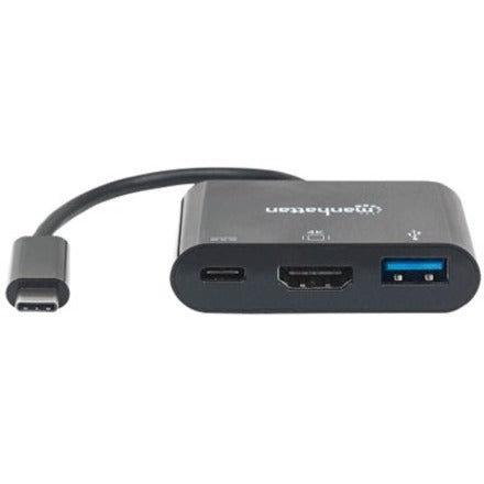 Station d'accueil/Hub Manhattan USB-C, ports (x3) : HDMI, USB-A et USB-C, avec alimentation au port USB-C (60 W), 5 Gbit/s (USB 3.2 Gen1 aka USB 3.0), équivalent à Startech CDP2HDUACP , Câble 8 cm, Noir, Garantie de trois ans, Blister 152037