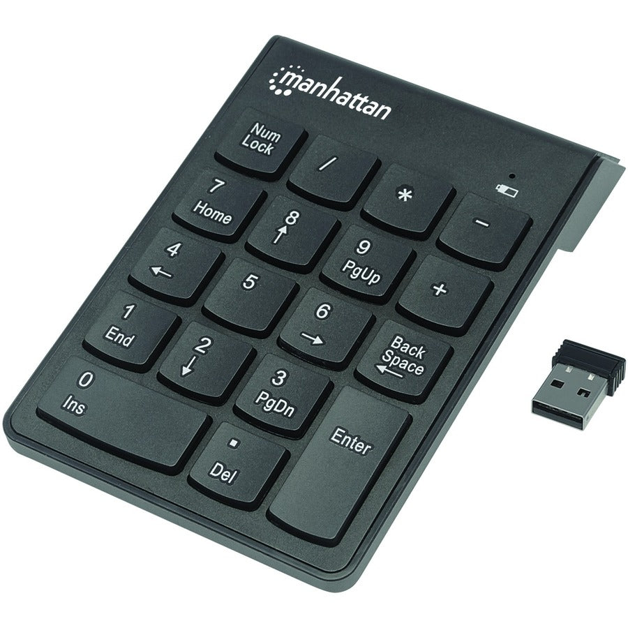 Manhattan Numeric Keypad, Wireless (2.4GHz), USB-A Micro Receiver, 18 Full Size Keys, Black, Membrane Key Switches, Auto Power Management, Range 10m, AAA Battery (included), Windows and Mac, Three Year Warranty, Blister 178846