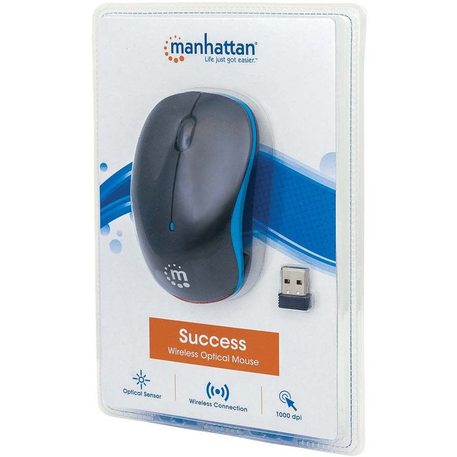 Manhattan Success Wireless Mouse, Black/Blue, 1000dpi, 2.4Ghz (up to 10m), USB, Optical, Three Button with Scroll Wheel, USB micro receiver, AA battery (included), Low friction base, Three Year Warranty, Blister 179416