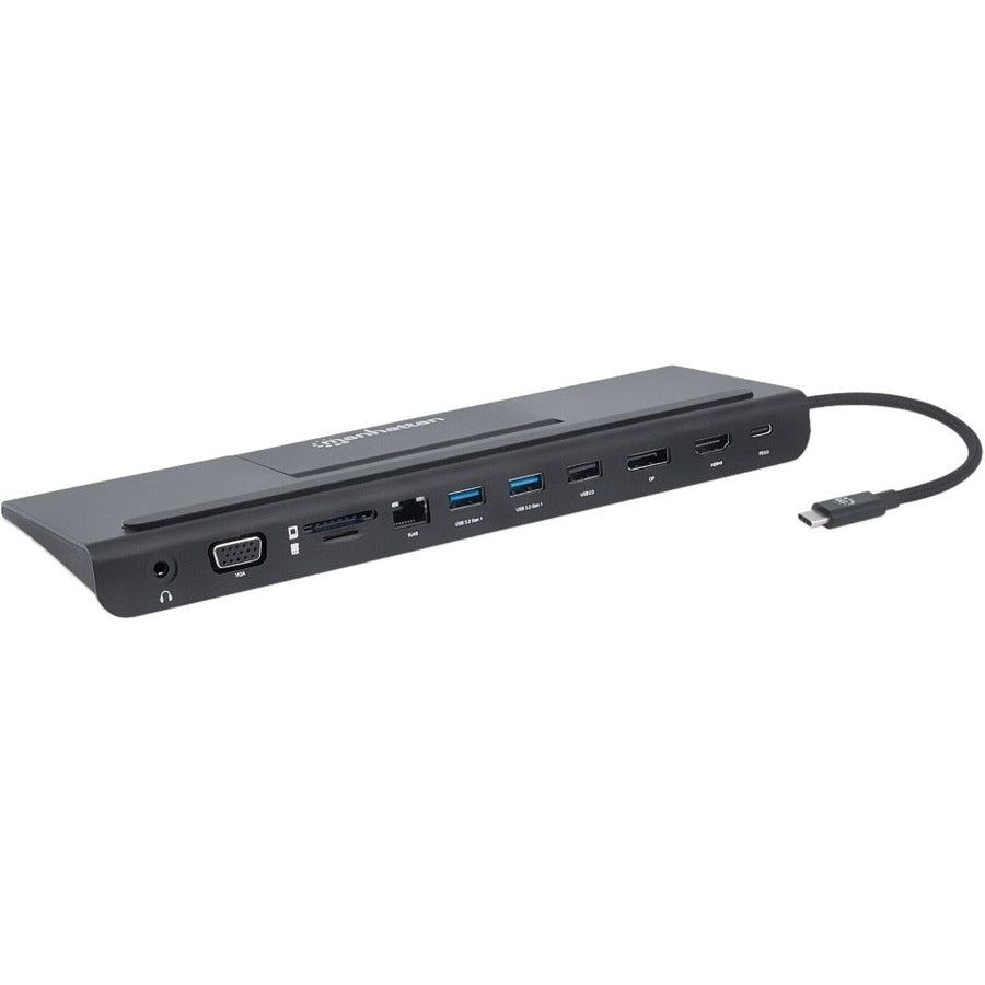 Manhattan USB-C Dock/Hub with Card Reader and MST, Ports (x9): Audio 3.5mm, DisplayPort, Ethernet, HDMI, USB-A (x3), USB-C and VGA, With Power Delivery to USB-C Port (100W), Cable 20cm, Black, Three Year Warranty, Retail Box 153478