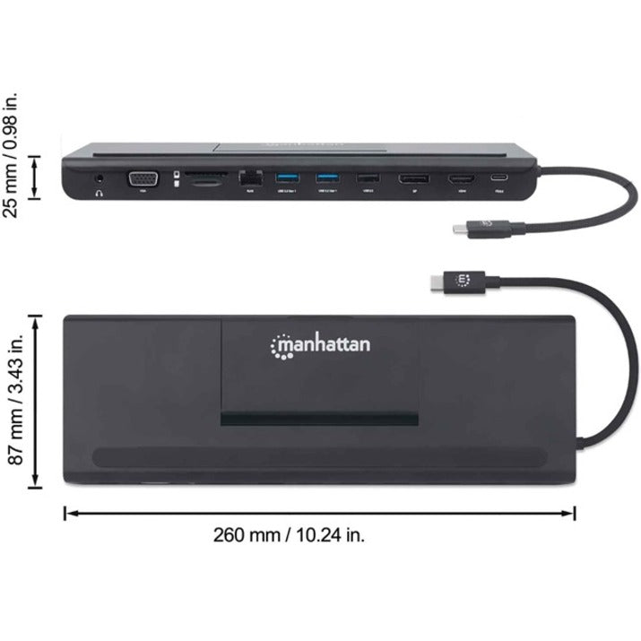 Manhattan USB-C Dock/Hub with Card Reader and MST, Ports (x9): Audio 3.5mm, DisplayPort, Ethernet, HDMI, USB-A (x3), USB-C and VGA, With Power Delivery to USB-C Port (100W), Cable 20cm, Black, Three Year Warranty, Retail Box 153478