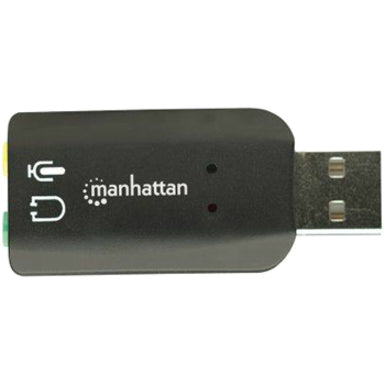 Manhattan USB-A Sound Adapter, USB-A to 3.5mm Mic-in and Audio-Out ports, 480 Mbps (USB 2.0), supports 3D and virtual 5.1 surround sound, Hi-Speed USB, Black, Three Year Warranty, Blister 150859