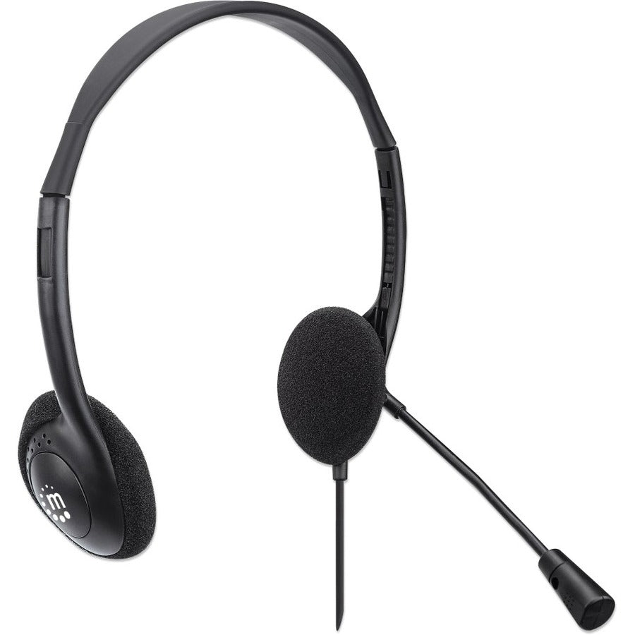 Manhattan Stereo On-Ear Headset (USB), Microphone Boom, Retail Box Packaging, Adjustable Headband, Ear Cushion, 1x USB-A for both sound and mic use, cable 1.5m, Three Year Warranty 179898