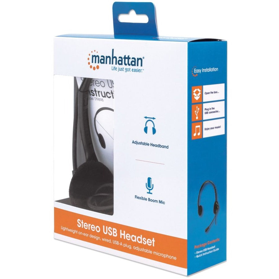 Manhattan Stereo On-Ear Headset (USB), Microphone Boom, Retail Box Packaging, Adjustable Headband, Ear Cushion, 1x USB-A for both sound and mic use, cable 1.5m, Three Year Warranty 179898