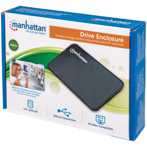 Manhattan Drive Enclosure, 2.5" , USB-A, 480 Mbps (USB 2.0), SATA, Black, Sturdy, Plastic, Hi-Speed USB, Windows or Mac, Three Year Warranty, Boxed 130042