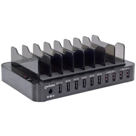 Station de recharge Manhattan, 10 ports USB-A, sorties : 1 x 2,4 A (QC 2.0), 4 x 2,4 A et 5 x 1 A, noir, garantie de trois ans, boîte 180009