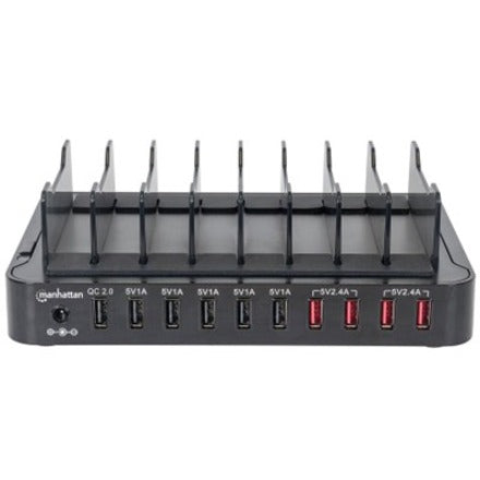 Station de recharge Manhattan, 10 ports USB-A, sorties : 1 x 2,4 A (QC 2.0), 4 x 2,4 A et 5 x 1 A, noir, garantie de trois ans, boîte 180009