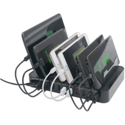 Station de recharge Manhattan, 10 ports USB-A, sorties : 1 x 2,4 A (QC 2.0), 4 x 2,4 A et 5 x 1 A, noir, garantie de trois ans, boîte 180009