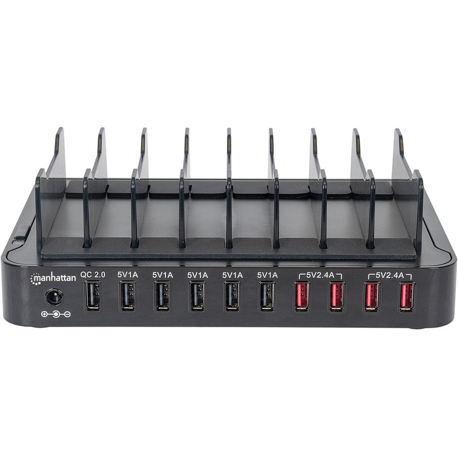 Manhattan Charging Station, 10x USB-A Ports, Outputs: 1x 2.4A (QC 2.0), 4x 2.4A & 5x 1A, Black, Three Year Warranty, Box 180009