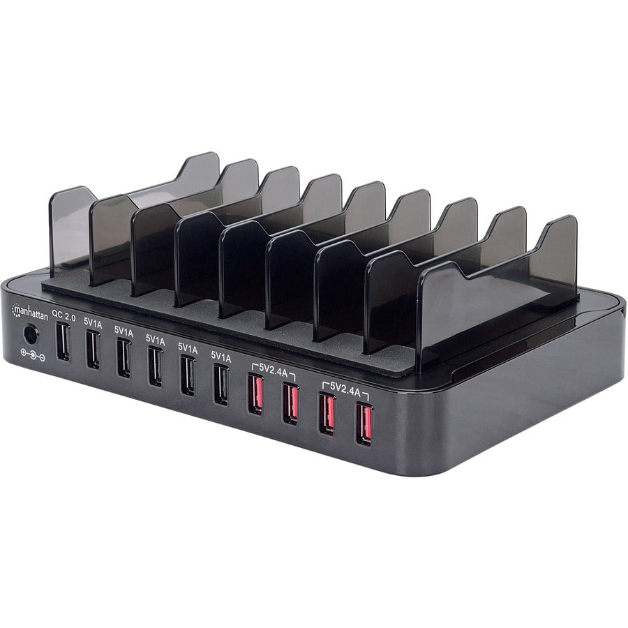 Manhattan Charging Station, 10x USB-A Ports, Outputs: 1x 2.4A (QC 2.0), 4x 2.4A & 5x 1A, Black, Three Year Warranty, Box 180009