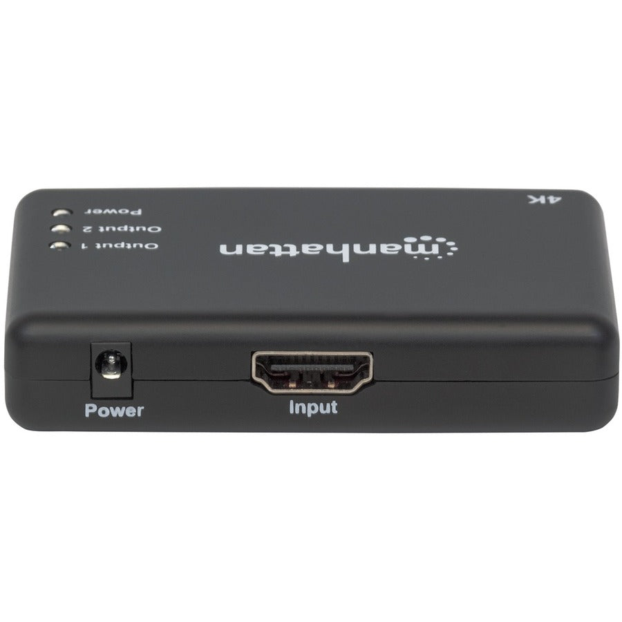 Manhattan HDMI Splitter 2-Port , 4K@30Hz, Displays output from x1 HDMI source to x2 HD displays (same output to both displays), AC Powered (cable 0.9m), Black, Three Year Warranty, Retail Box (With Euro 2-pin plug) 207669