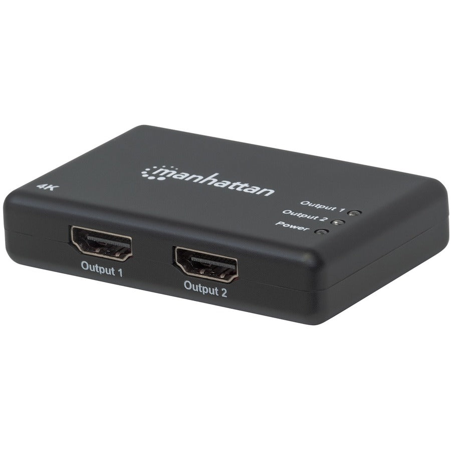 Manhattan HDMI Splitter 2-Port , 4K@30Hz, Displays output from x1 HDMI source to x2 HD displays (same output to both displays), AC Powered (cable 0.9m), Black, Three Year Warranty, Retail Box (With Euro 2-pin plug) 207669