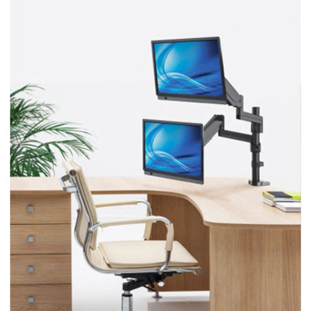 Manhattan TV & Monitor Mount, Desk, Full Motion (Gas Spring), 2 screens, Screen Sizes: 10-27" , Black, Clamp or Grommet Assembly, Dual Screen, VESA 75x75 to 100x100mm, Max 8kg (each), Lifetime Warranty 461597