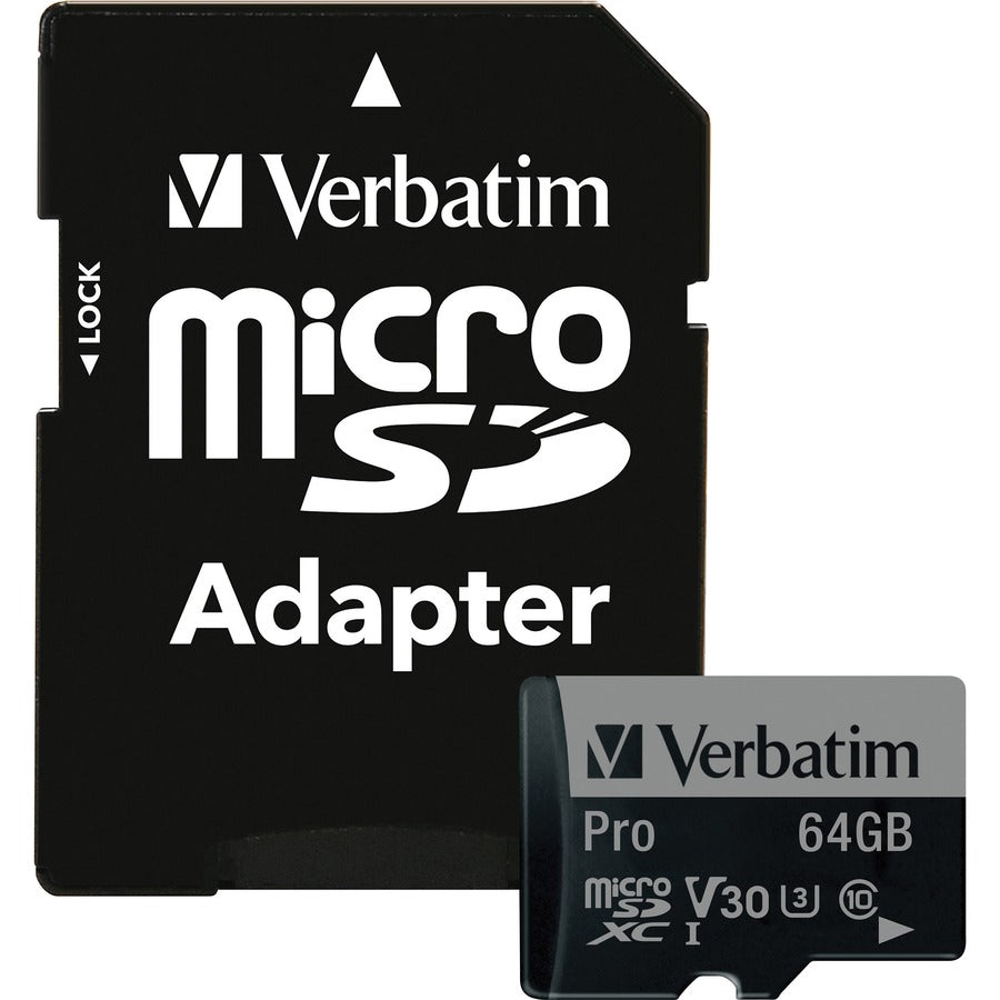 Carte mémoire microSDXC Verbatim Pro 600X 64 Go avec adaptateur, UHS-I V30 U3 classe 10 47042