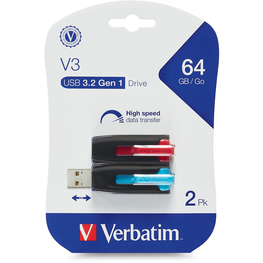 Clé USB 3.2 Gen 1 Store 'n' Go® V3 Verbatim 64 Go - 2pk - Rouge, Bleu 70899