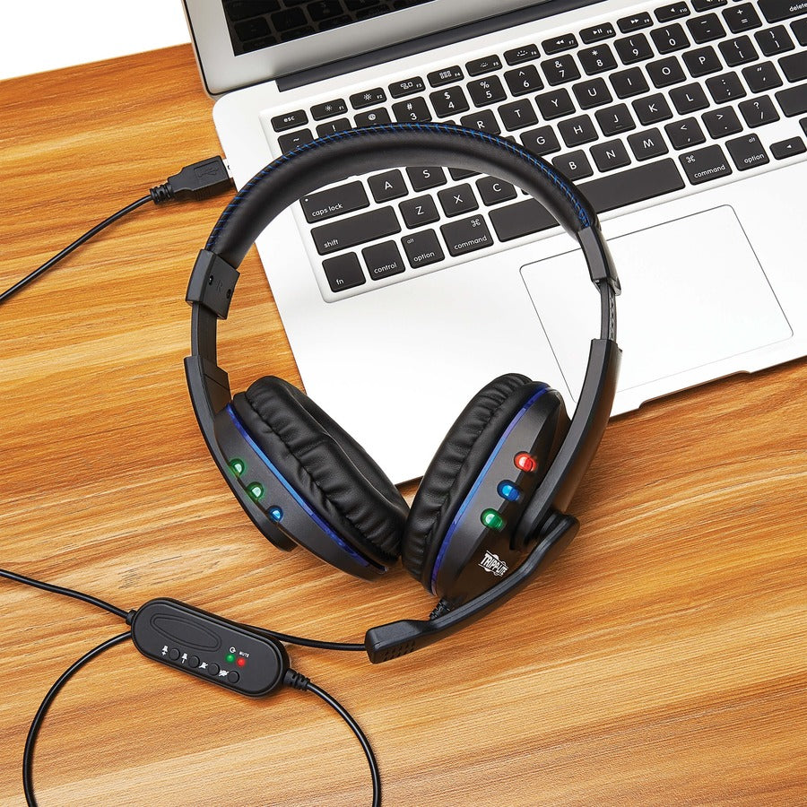 Casque de jeu USB Tripp Lite avec microphone intégré, contrôle audio et LED AHS-002-LED