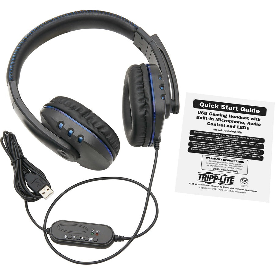 Casque de jeu USB Tripp Lite avec microphone intégré, contrôle audio et LED AHS-002-LED