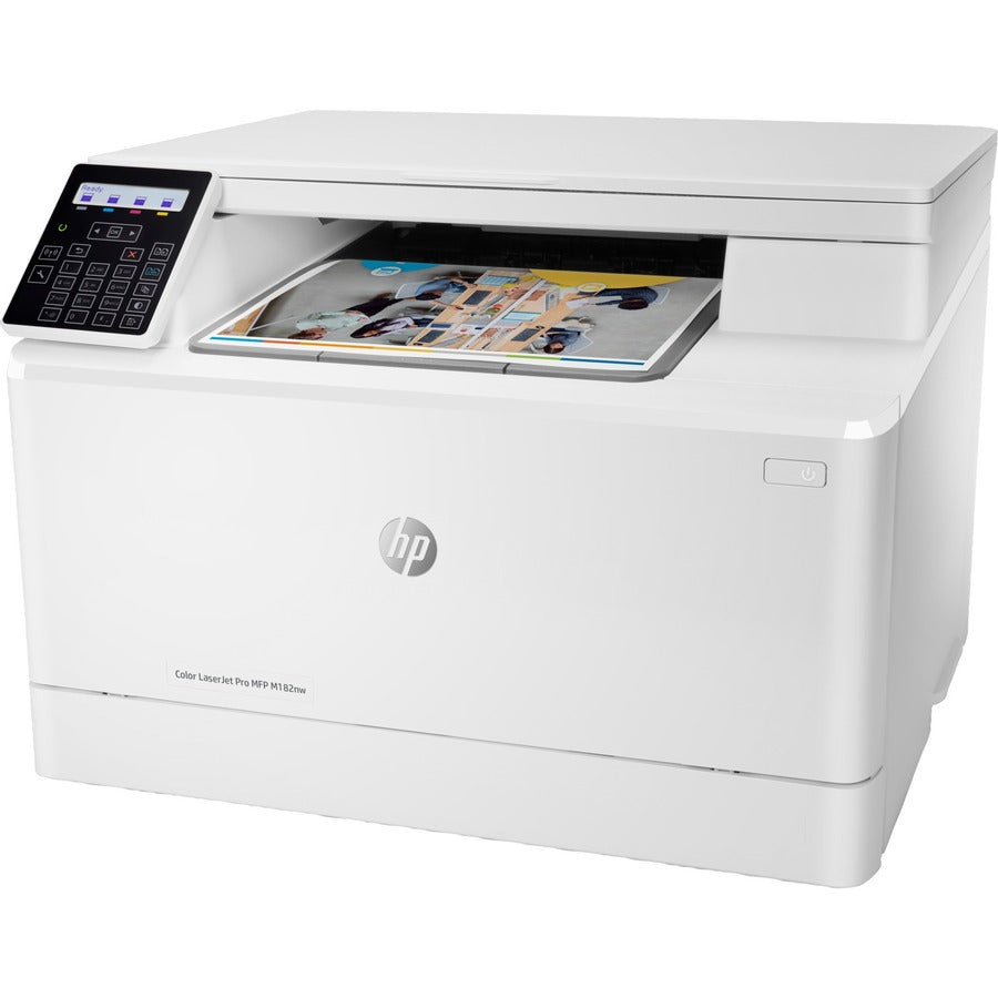 HP LaserJet Pro M182nw Laser Multifunction Printer-Color-Copier/Scanner-17 ppm Mono/17 ppm Color Print-600x600 dpi Print-Manual Duplex Print-30000 Pages-150 sheets Input-1200 dpi Optical Scan-Wireless LAN-HP ePrint-Mopria 7KW55A#BGJ