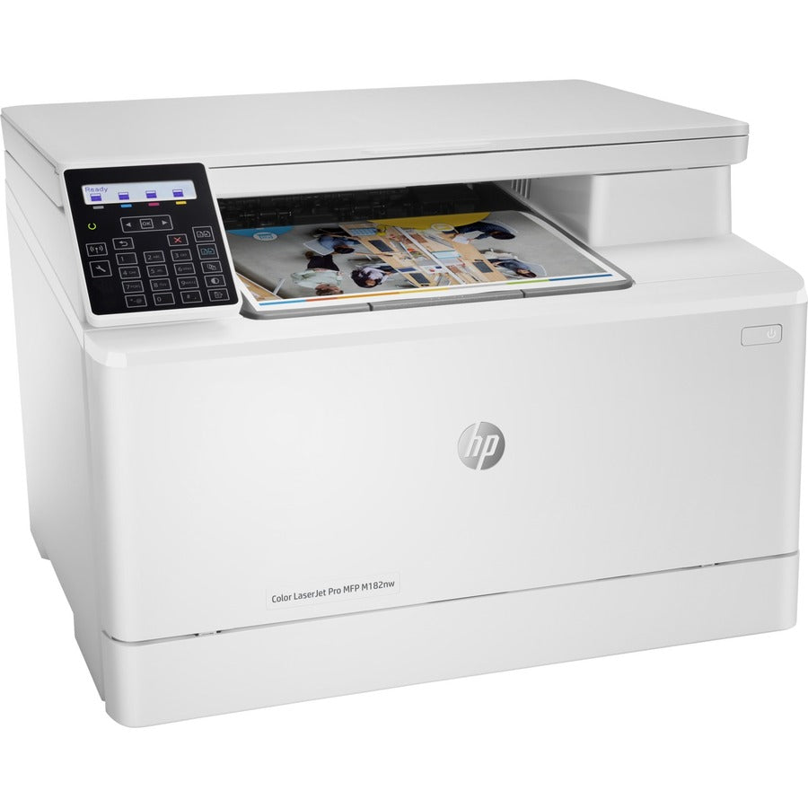 HP LaserJet Pro M182nw Laser Multifunction Printer-Color-Copier/Scanner-17 ppm Mono/17 ppm Color Print-600x600 dpi Print-Manual Duplex Print-30000 Pages-150 sheets Input-1200 dpi Optical Scan-Wireless LAN-HP ePrint-Mopria 7KW55A#BGJ