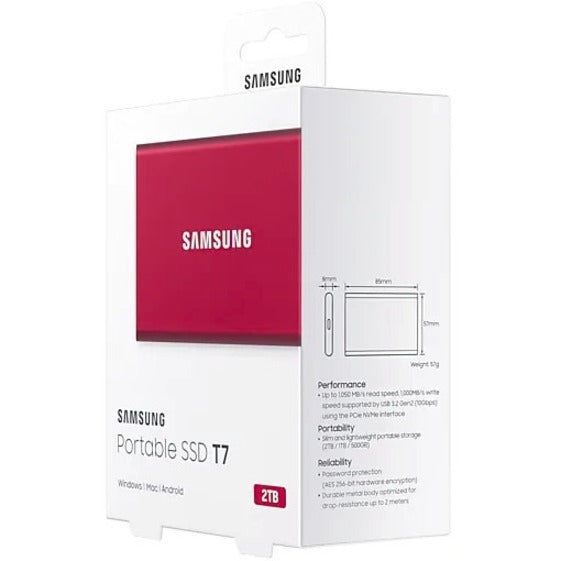 Disque SSD portable Samsung T7 MU-PC2T0R/AM 2 To - Externe - PCI Express NVMe - Rouge métallisé MU-PC2T0R/AM