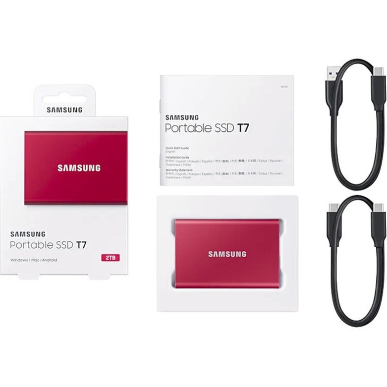 Samsung T7 MU-PC2T0R/AM 2 TB Portable Solid State Drive - External - PCI Express NVMe - Metallic Red MU-PC2T0R/AM