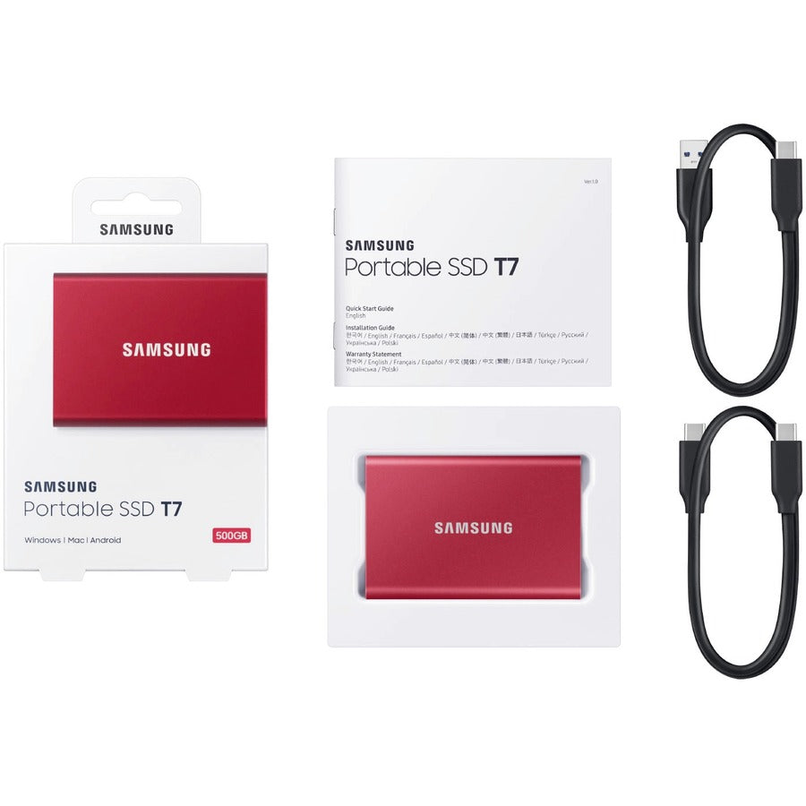 Samsung T7 MU-PC1T0R/AM 1 TB Portable Solid State Drive - External - PCI Express NVMe - Metallic Red MU-PC1T0R/AM