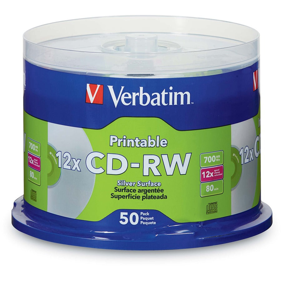 Verbatim CD-RW 700MB 12X DataLifePlus Silver Inkjet Printable with Branded Hub - 50pk Spindle 95159