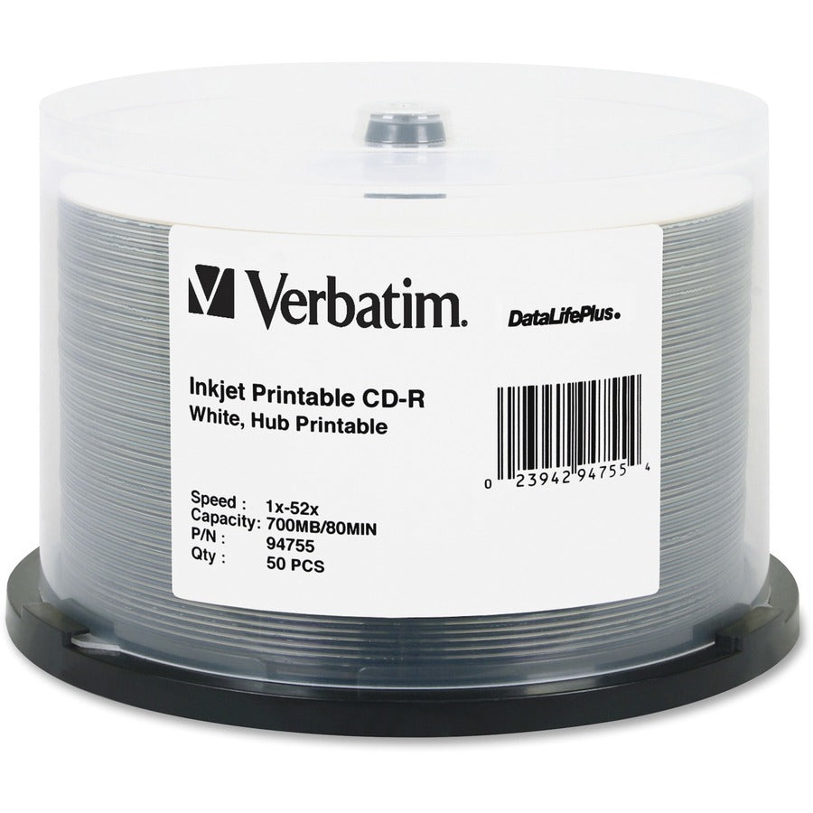 Verbatim CD-R 700 Mo 52X DataLifePlus blanc imprimable à jet d'encre, hub imprimable - broche de 50 paquets 94755