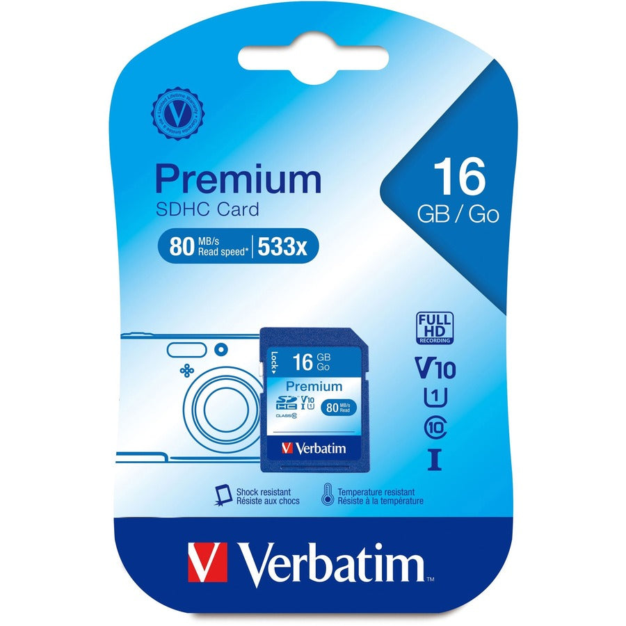 Carte mémoire SDHC Premium Verbatim 16 Go, UHS-I V10 U1 classe 10 96808