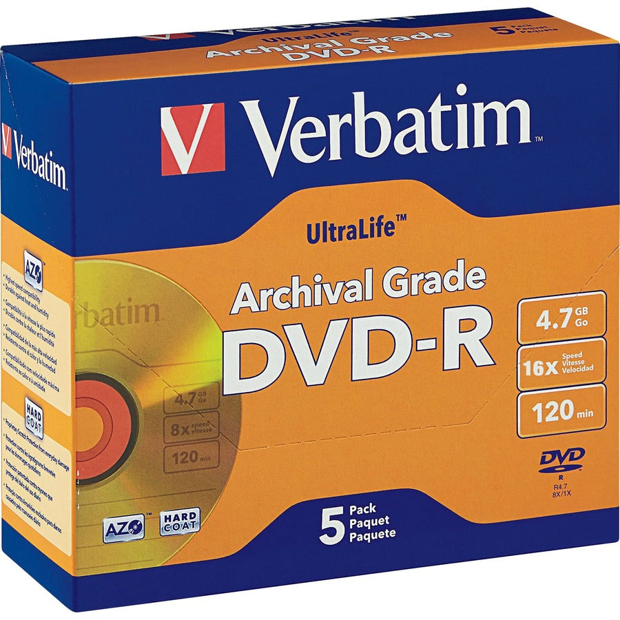 Verbatim DVD-R 4.7GB 16X UltraLife Gold Archival Grade with Branded Surface and Hard Coat - 5pk Jewel Case 96320