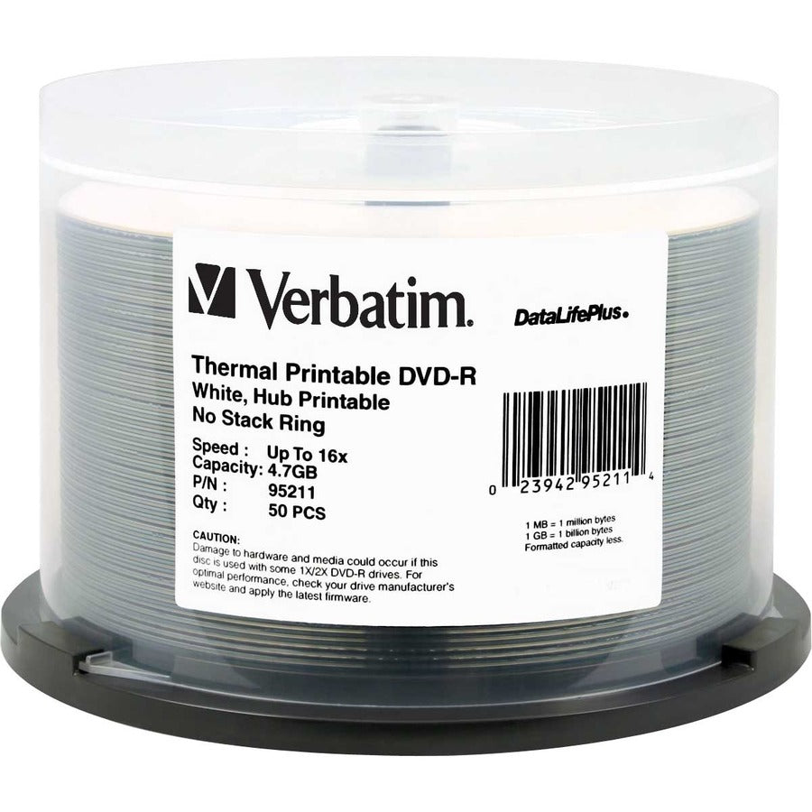 Verbatim DVD-R 4,7 Go 16X DataLifePlus blanc imprimable thermiquement, hub imprimable - broche de 50 paquets 95211