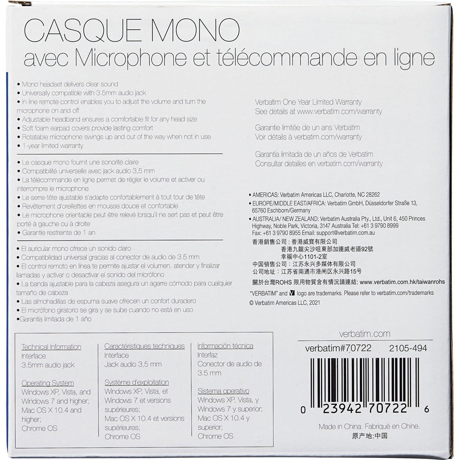 Casque mono Verbatim avec microphone et télécommande en ligne 70722