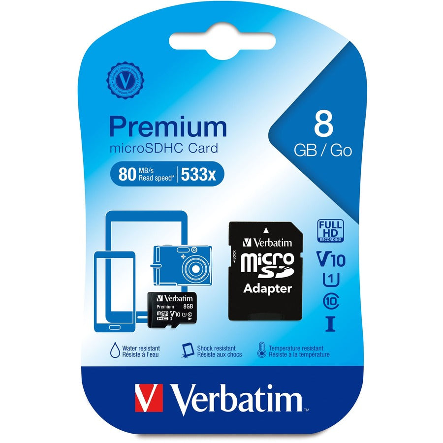 Verbatim 8GB Premium microSDHC Memory Card with Adapter, UHS-I V10 U1 Class 10 44081