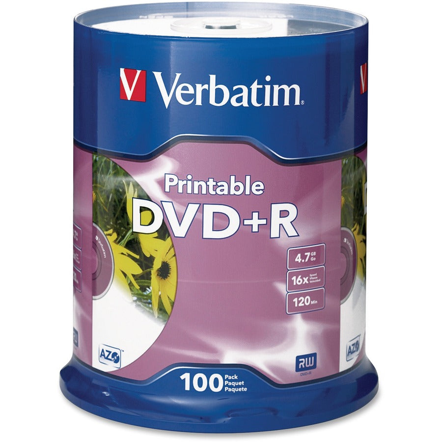 Verbatim DVD+R 4.7GB 16X White Inkjet Printable - 100pk Spindle 95145