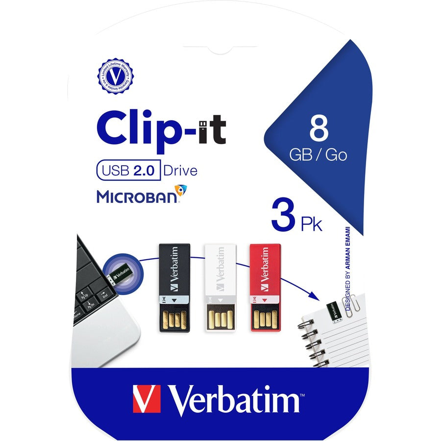 Verbatim 8GB Clip-It USB Flash Drive - 3pk - Black, White, Red 98674