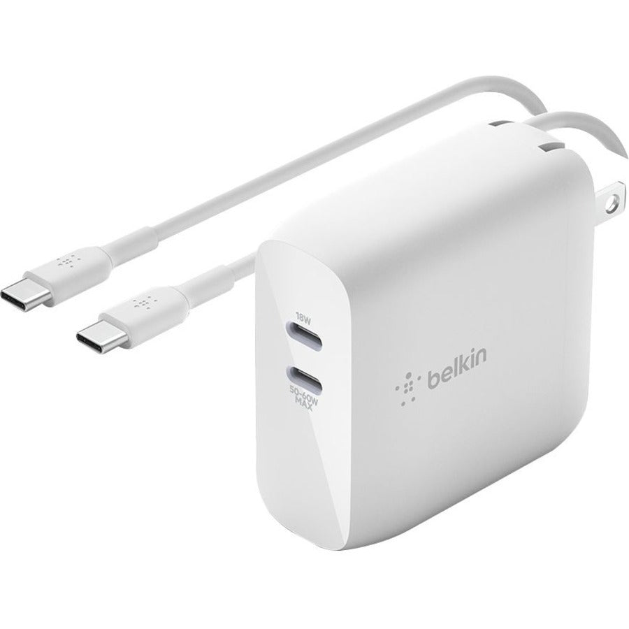 Belkin BoostCharge Dual USB-C GaN Wall Charger 68W + USB-C Cable Laptop Chromebook Charging - Power Adapter WCH003DQ2MWH-B6