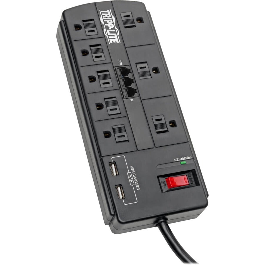 Tripp Lite Parasurtenseur 8 prises 2 ports de charge USB Tel/Modem Cordon de 8 pieds - 8 x NEMA 5-15R, 2 x USB - 1875 VA - 1200 J - Entrée 120 V AC - Fax/Modem/Téléphone TLP88TUSBB