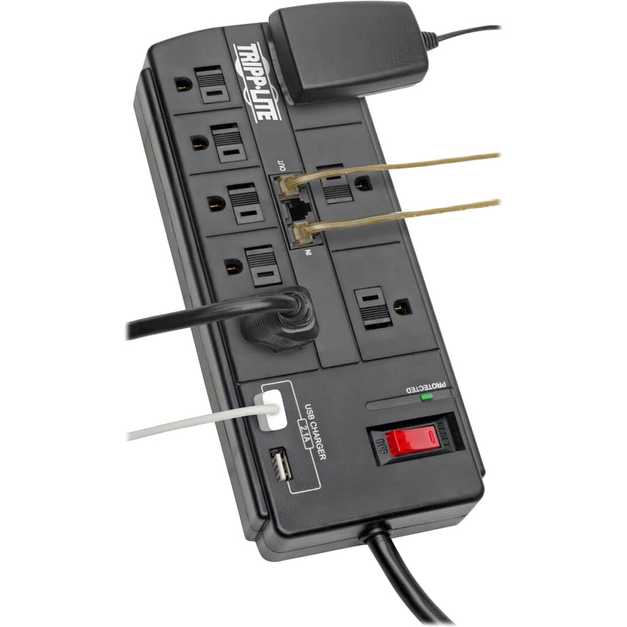 Tripp Lite Parasurtenseur 8 prises 2 ports de charge USB Tel/Modem Cordon de 8 pieds - 8 x NEMA 5-15R, 2 x USB - 1875 VA - 1200 J - Entrée 120 V AC - Fax/Modem/Téléphone TLP88TUSBB