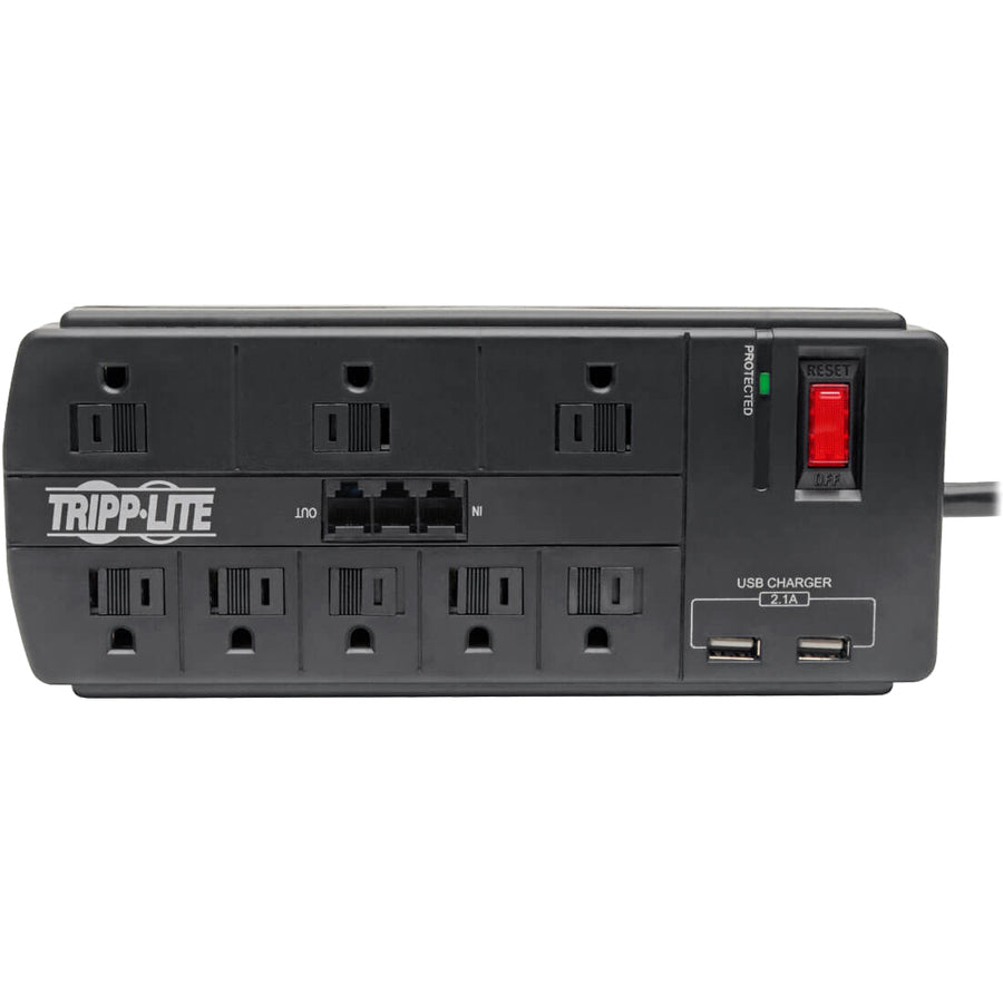 Tripp Lite Surge Protector 8-Outlet 2 USB Charging Ports Tel/Modem 8ft Cord - 8 x NEMA 5-15R, 2 x USB - 1875 VA - 1200 J - 120 V AC Input - Fax/Modem/Phone TLP88TUSBB