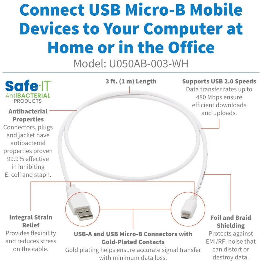 Tripp Lite Safe-IT USB-A to USB Micro-B Antibacterial Cable (M/M), USB 2.0, White, 3 ft. U050AB-003-WH