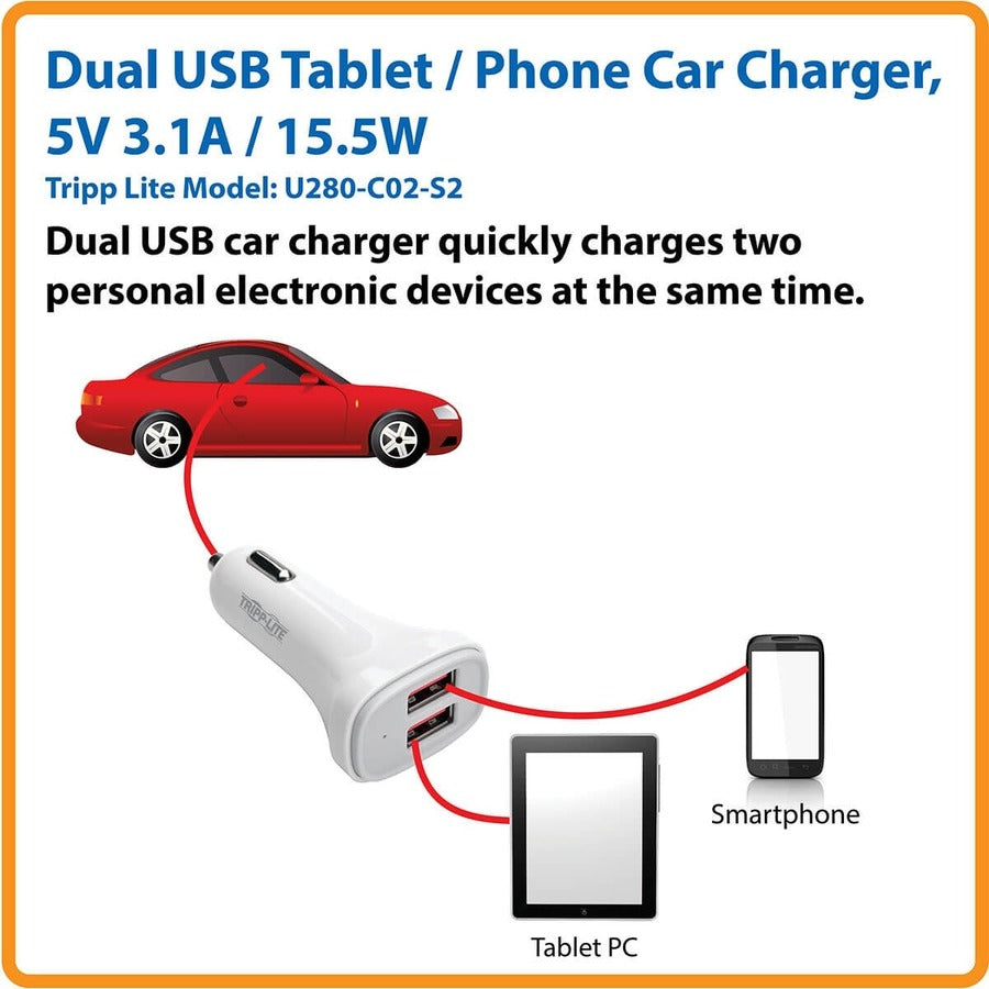 Tripp Lite Dual-Port USB Car Charger for Tablets and Cell Phones, 5V 4.8A (24W) U280-C02-S2