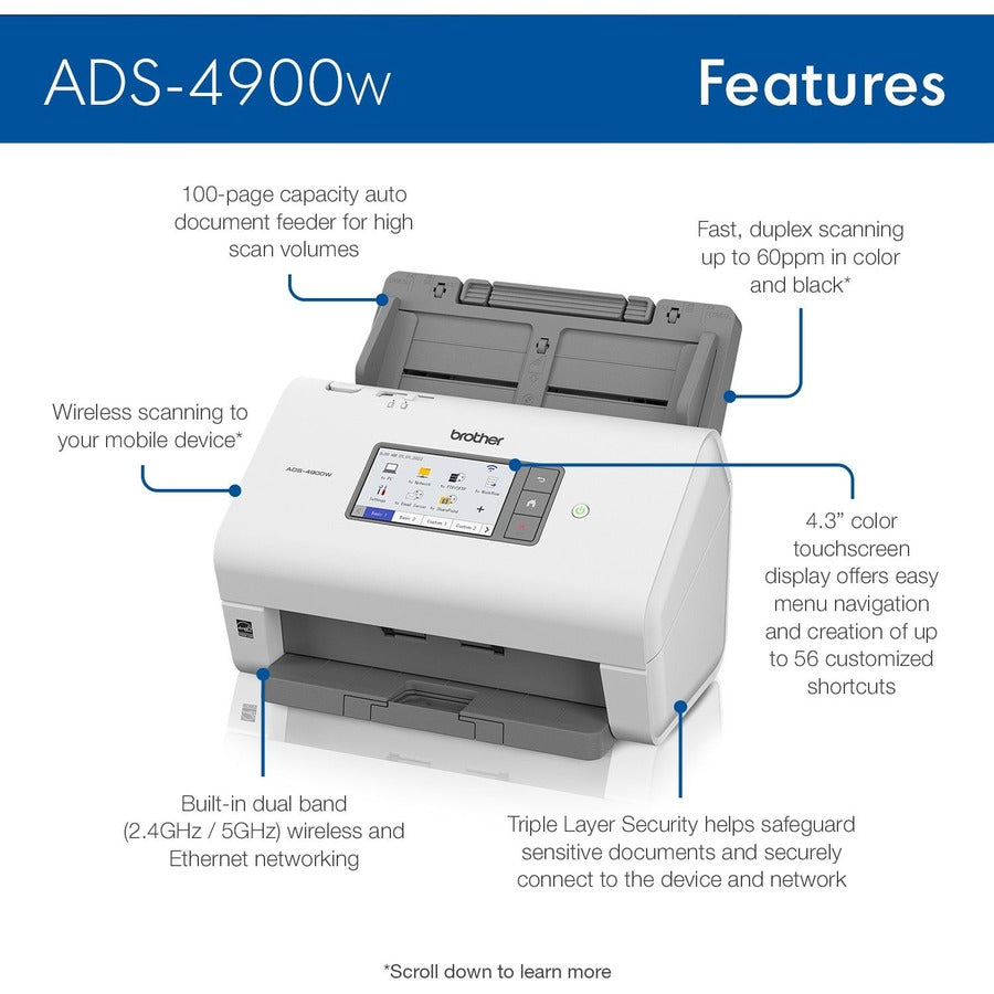 Scanner feuilles Brother ADS-4900W - 600 x 600 dpi optique ADS4900W