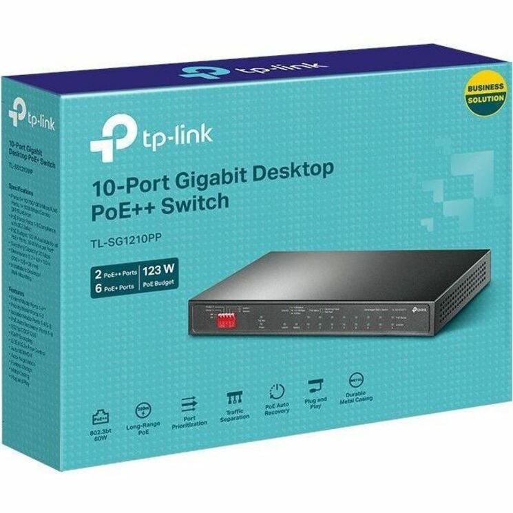 Switch de bureau Gigabit TP-Link 10 ports avec 6 ports PoE+ et 2 ports PoE++ TL-SG1210PP