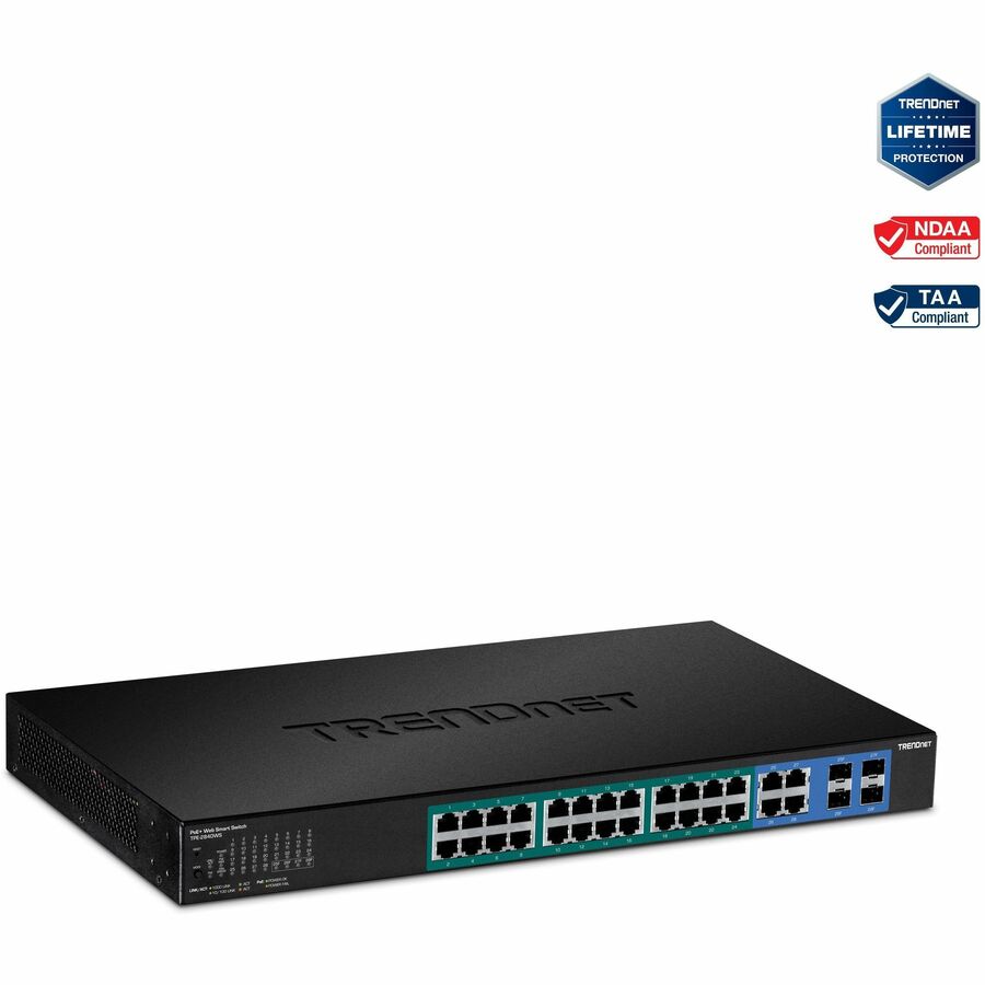 TRENDnet 28-Port Gigabit Web Smart PoE+ Switch, 24 x Gigabit Ports, 4 x Shared Gigabit Ports (RJ-45 or SFP), 185W PoE Budget, 56Gbps Switching Capacity, Lifetime Protection, Black, TPE-2840WS TPE-2840WS
