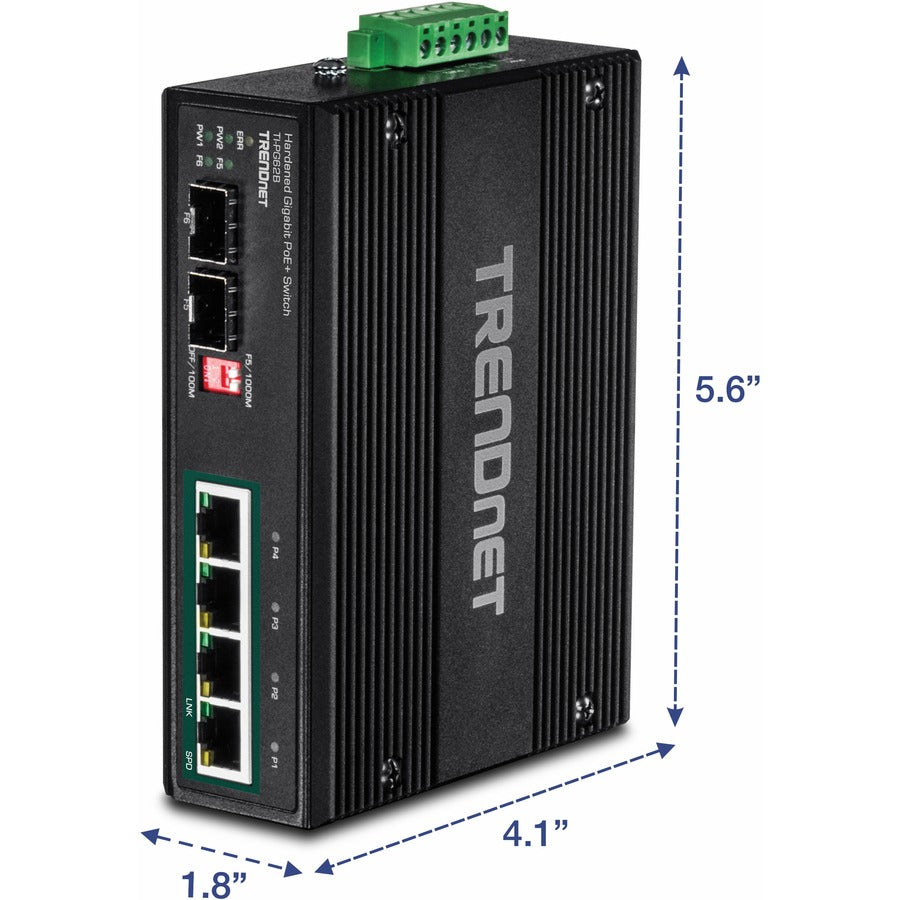 Commutateur sur rail DIN Gigabit PoE+ industriel à 6 ports TRENDnet ; 12-56 V ; Relais d'alarme ; 2 emplacements SFP dédiés ; Boîtier classé IP30 ; Protection à vie ; TI-PG62B TI-PG62B